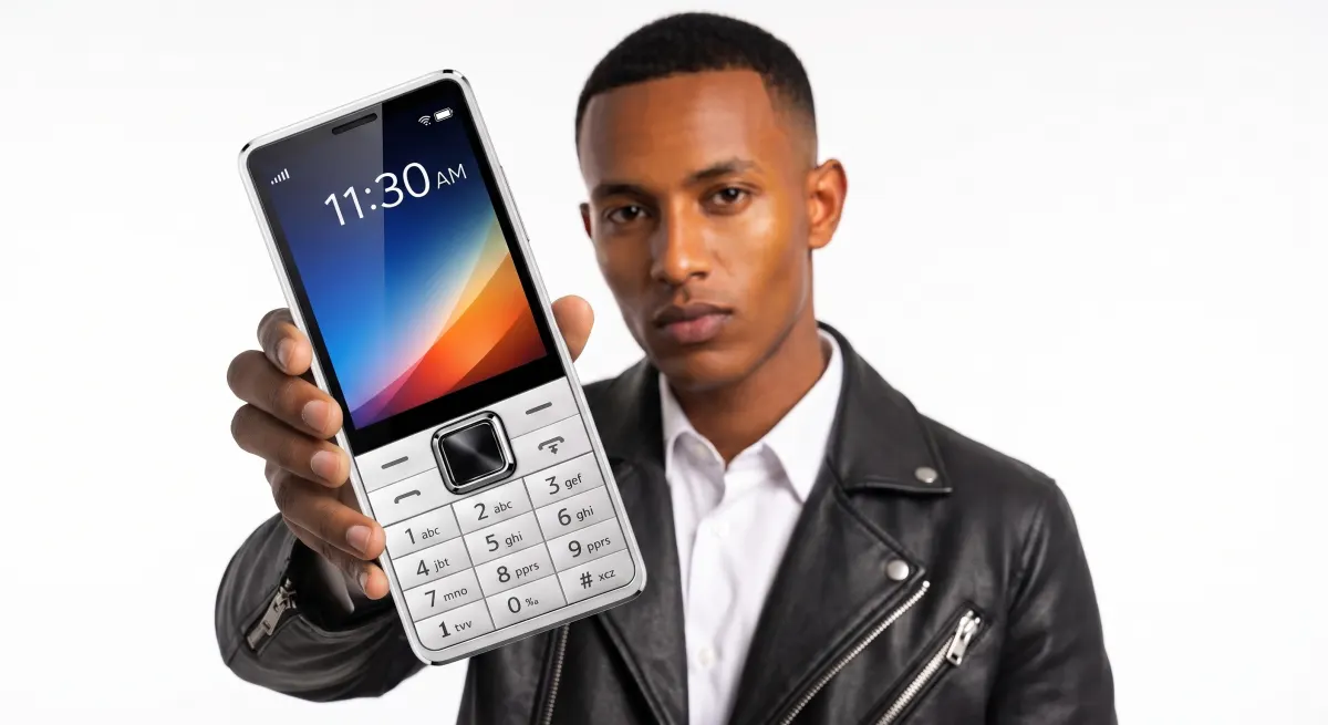 Man in a leather jacket holding a white keypad phone