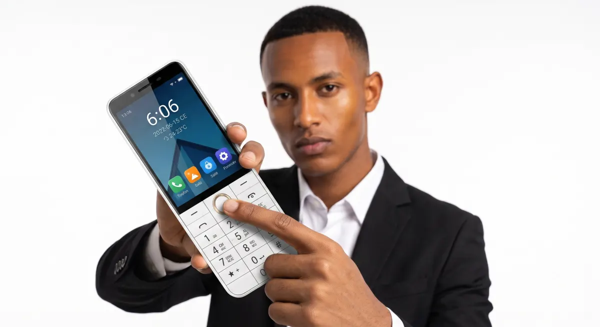 Man in a suit pointing at the Duoqin keypad phone